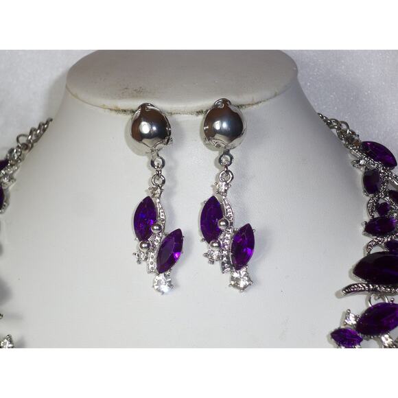 Purple necklace set, 3 pc necklace set, statement wedding party prom necklace, - Picture 6 of 8